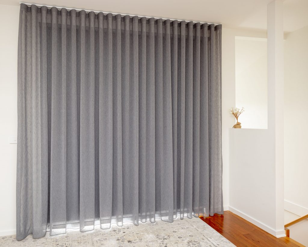 Grey Sheer Curtains Over Roller Blind - Book a Free Measure & Quote