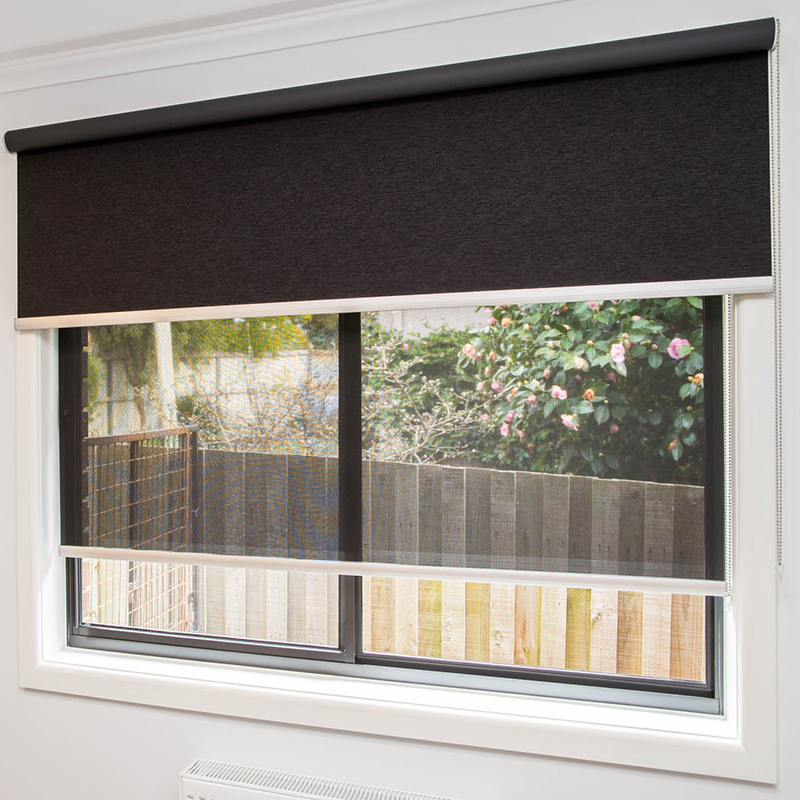 Double Roller Blinds with view of back fence and trees