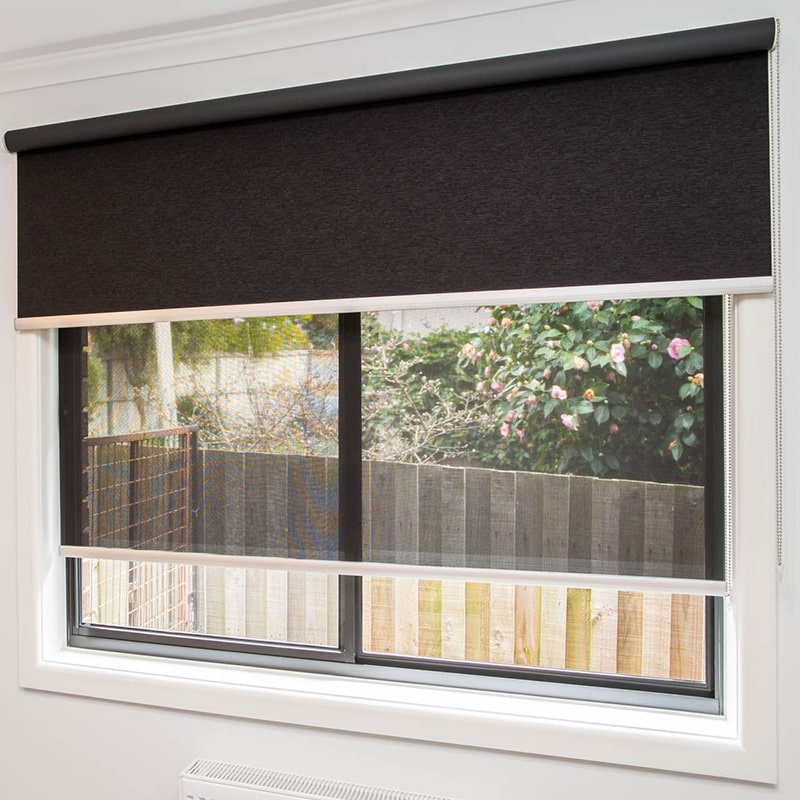 Double Roller Blinds with anodised pelmet looking through window with blinds slightly open Hawthorn North